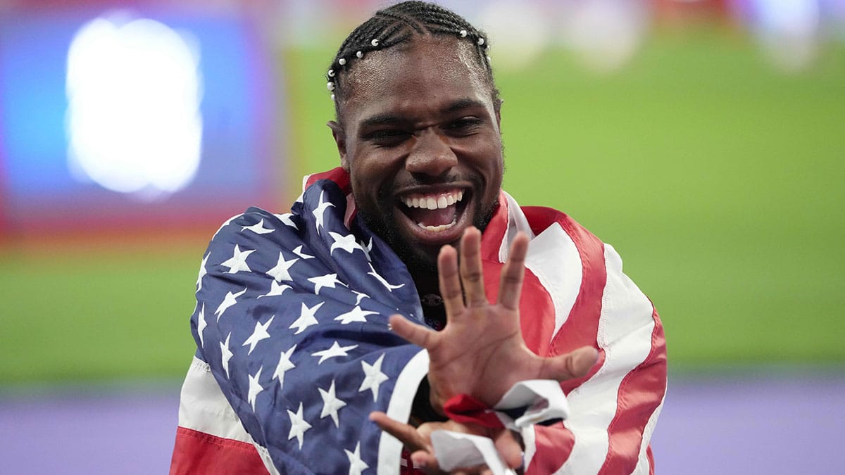 Noah Lyles (USA) celebrates winning the men's 100m final during the Paris 2024 Olympic Summer Games at Stade de France. 