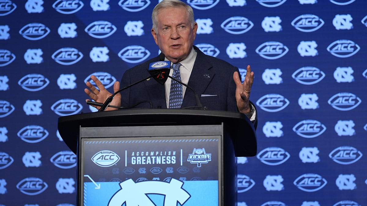 UNC Tar Heels head coach Mack Brown speaks to the media during the ACC Kickoff at Hilton Charlotte Uptown.