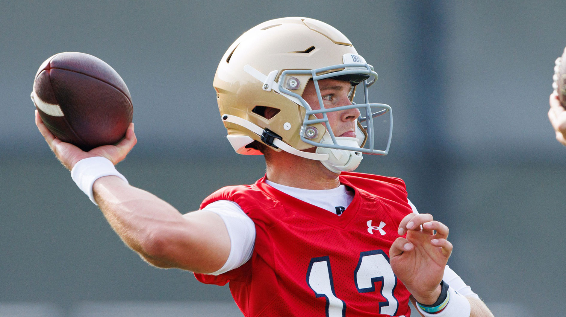 Notre Dame quarterback Riley Leonard throws the ball during a Notre Dame football practice at Irish Athletic Center