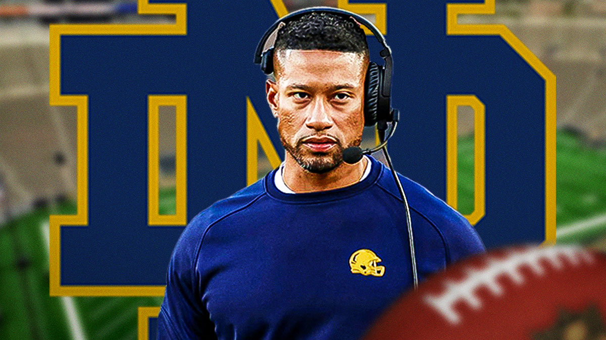 Notre Dame football, Fighting Irish, Marcus Freeman, 2024 Notre Dame, Notre Dame football predictions, Marcus Freeman with Notre Dame football stadium in the background