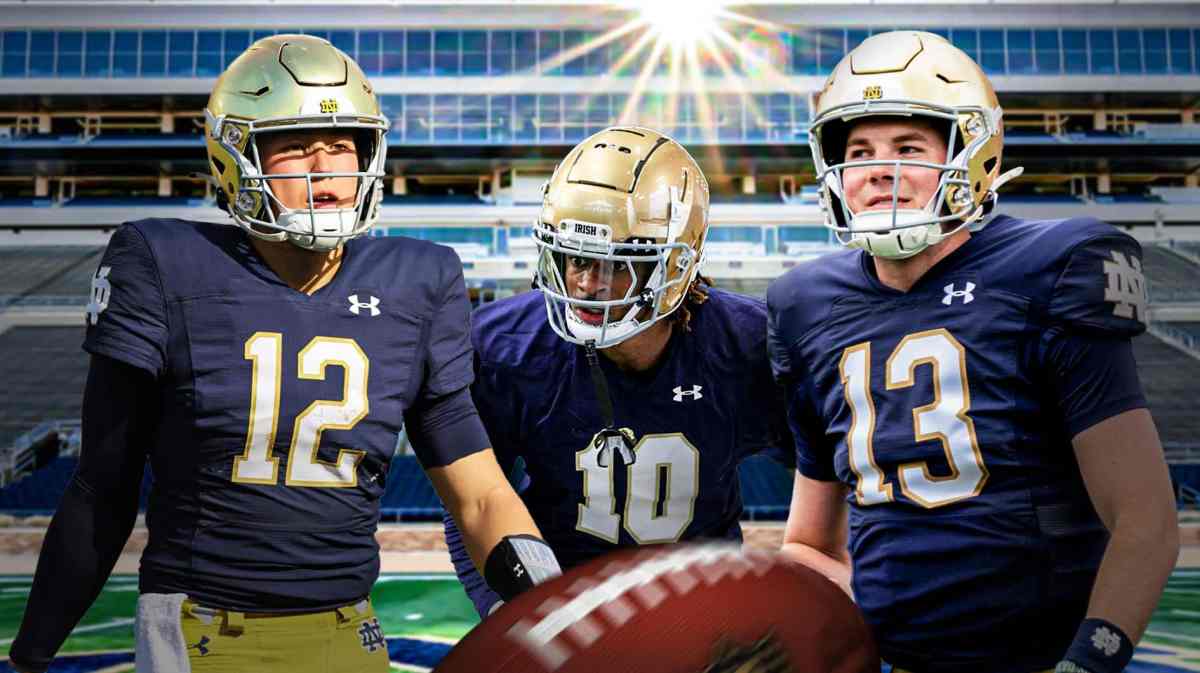 Notre Dame football, Fighting Irish, Riley Leonard, Notre Dame football transfer portal, Transfer portal, Riley Leonard, Tyler Buchner and Kris Mitchell all in Notre Dame unis with Notre Dame football stadium in the background