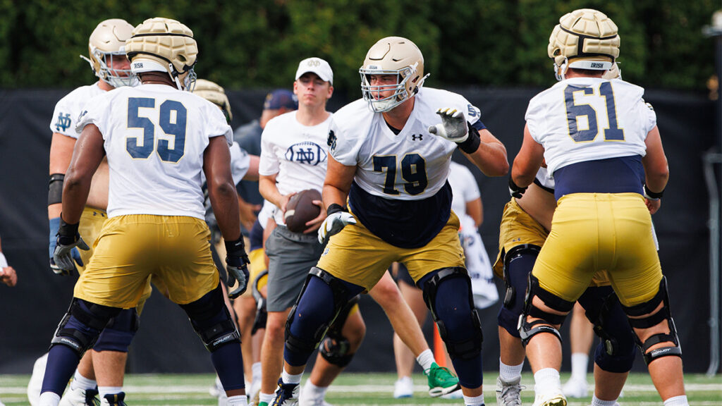 Notre Dame offensive lineman Tosh Baker (79) participates in a drill during a Notre Dame football practice at Irish Athletic Center on Thursday, Aug. 1, 2024, in South Bend.