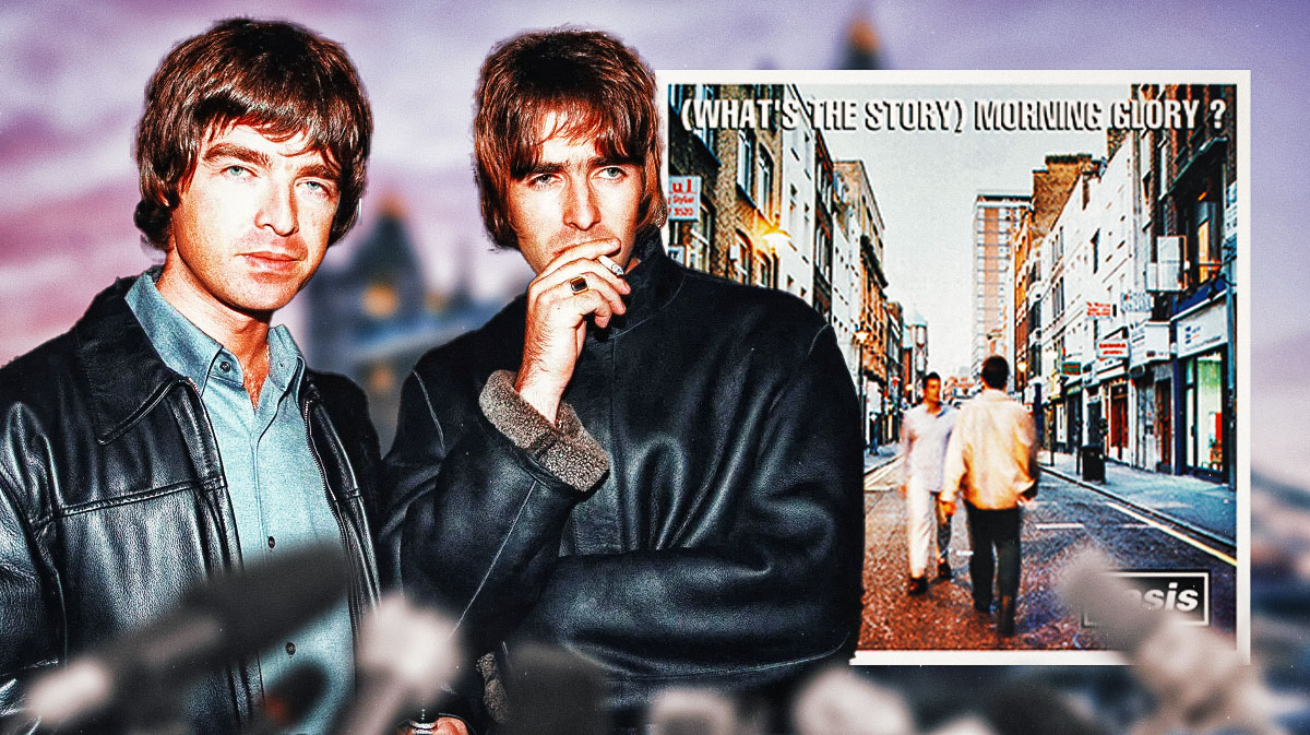 Oasis members Noel and Liam Gallagher ahead of 2025 reunion tour with album cover of (What's the Story) Morning Glory? which features Don't Look Back in Anger.