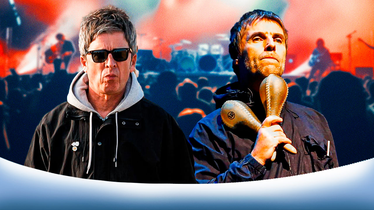 Oasis members Noel and Liam Gallagher in front of concert crowd background ahead of 2025 reunion tour.