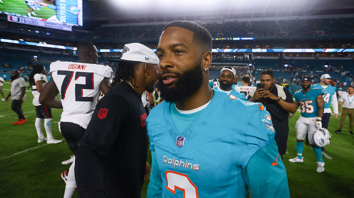 Miami Dolphins wide receiver Odell Beckham Jr. (3) looks on after the game against the Atlanta Falcons at Hard Rock Stadium.