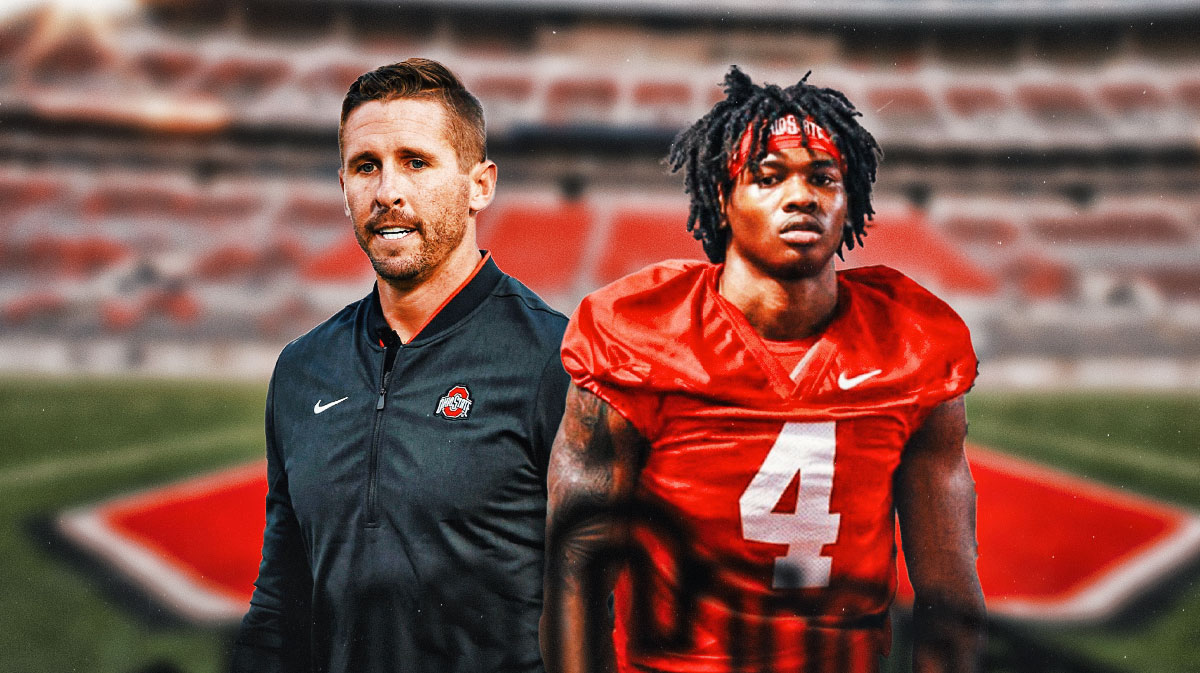 Ohio State football coach Brian Hartline and star Jeremiah Smith in front of Ohio Stadium.