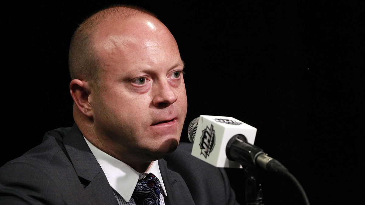 Chicago Blackhawks general manager Stan Bowman talks with media during media day the day before the 2015 Stanley Cup Final at Amalie Arena. 