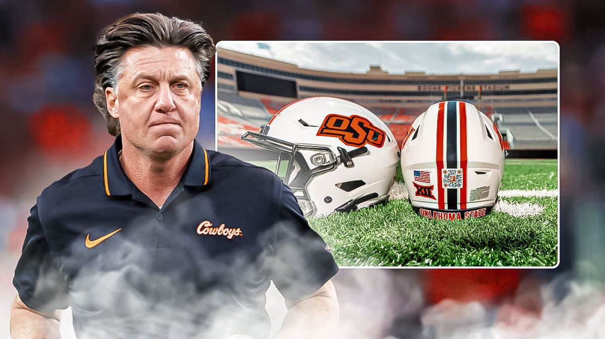 Mike Gundy next to new Oklahoma State football helmets