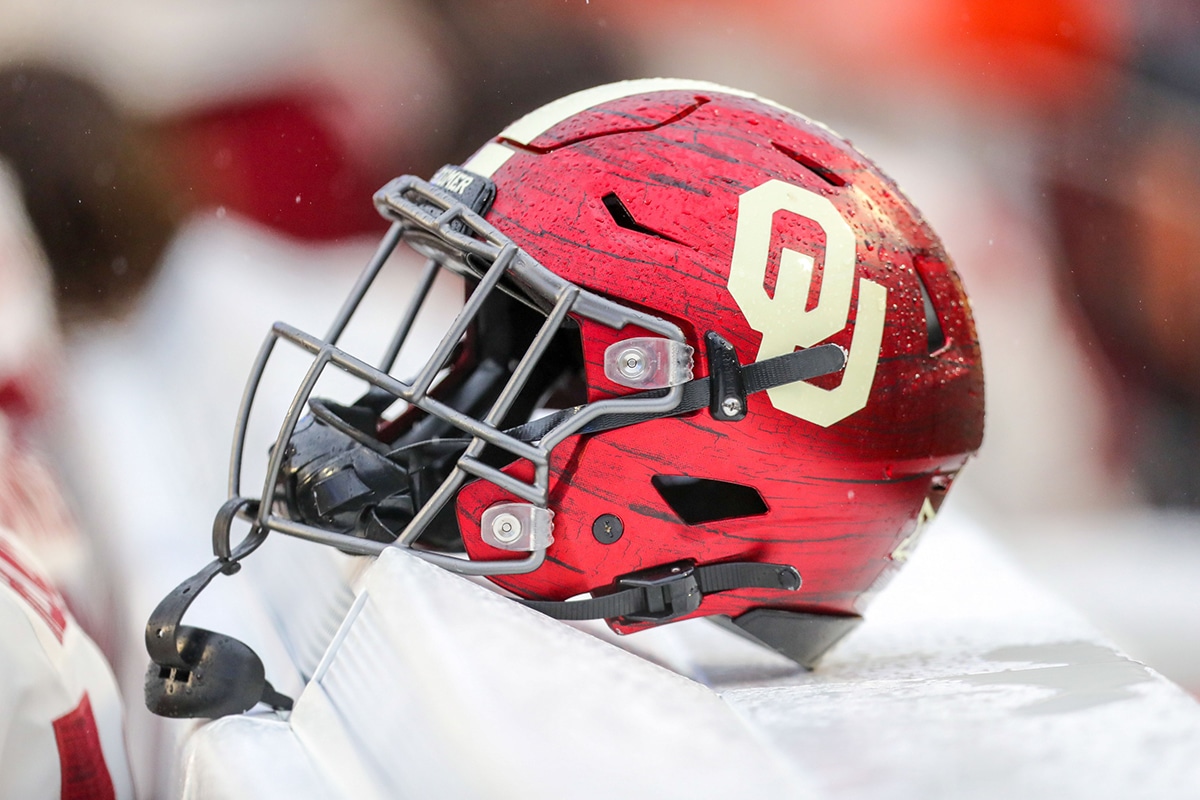 A view of an Oklahoma Sooners helmet during the first quarter against the West Virginia Mountaineers at Mountaineer Field at Milan Puskar Stadium.