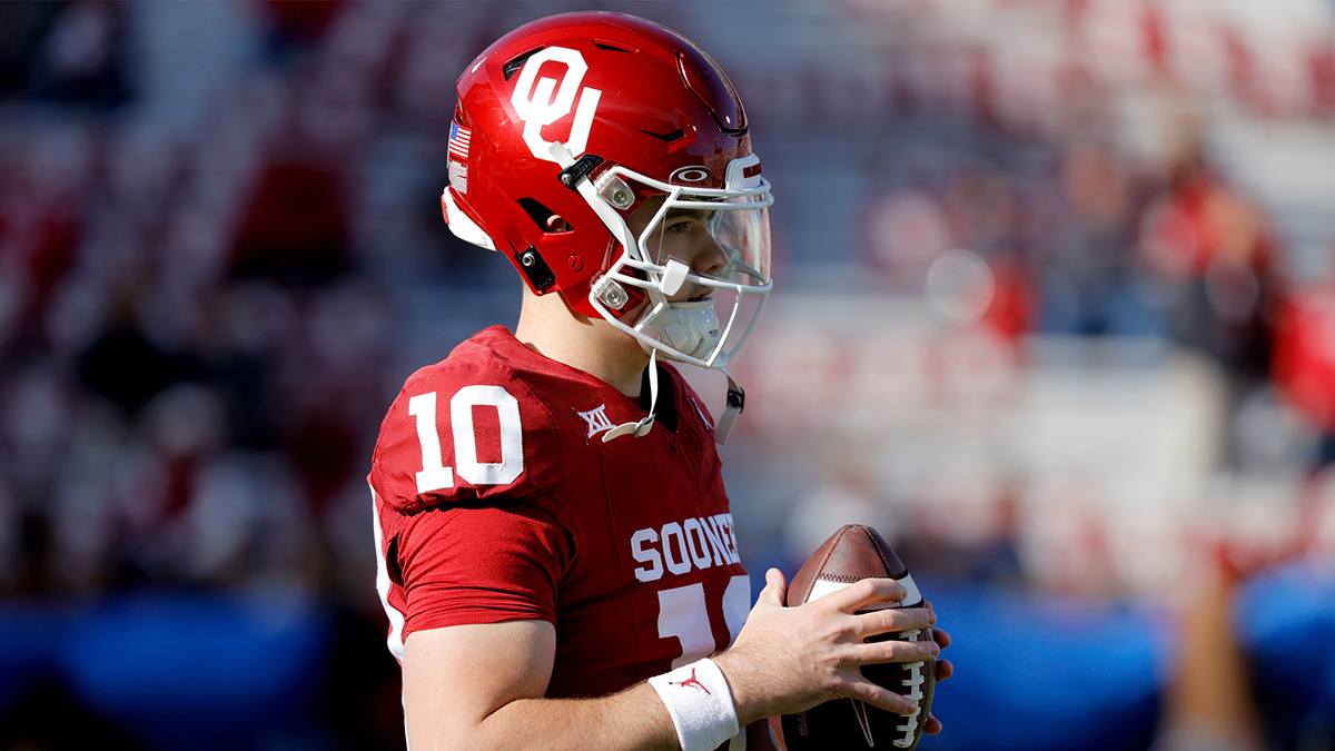 Oklahoma Sooners quarterback Jackson Arnold (10) warms up before a college football game between the University of Oklahoma Sooners (OU) and the TCU Horned Frogs at Gaylord Family-Oklahoma Memorial Stadium in Norman, Oklahoma.