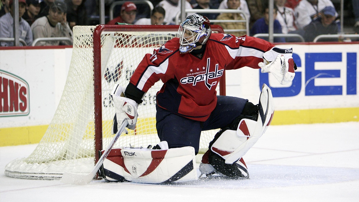 Washington Capitals goalie Olaf Kolzig (37) defends in the second period against the Atlanta Thrashers at the Verizon Center. Washington won the game 4-1.