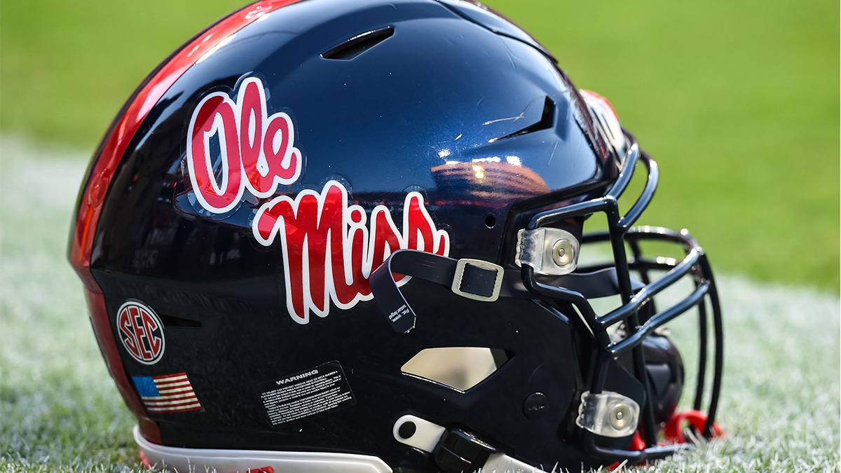 Mississippi Rebels helmet on the field before a game between the Tennessee Volunteers and Mississippi Rebels at Neyland Stadium.