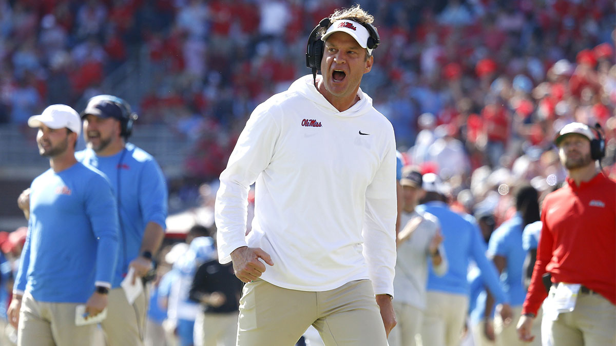 Mississippi Rebels head coach Lane Kiffin reacts after a touchdown during the second half against the Texas A&M Aggies at Vaught-Hemingway Stadium.