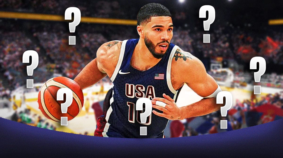 A picture of Jayson Tatum in a Team USA jersey with question marks surrounding him.