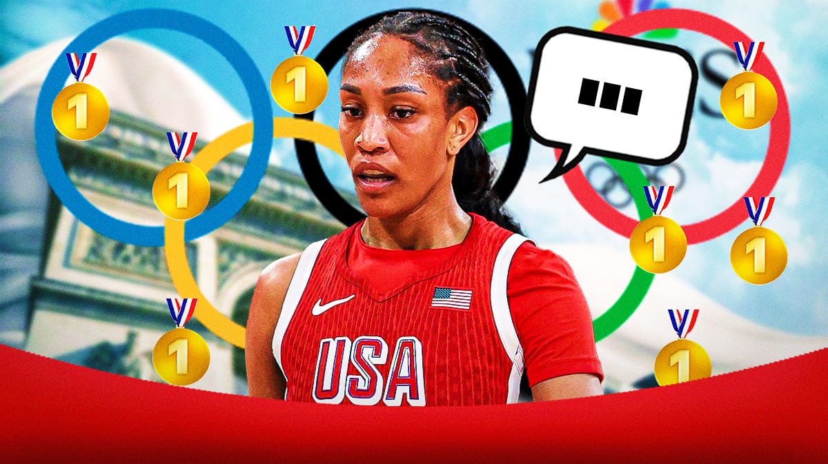 Las Vegas Aces center A’ja Wilson with a speech bubble that has the three dots emoji inside. She is surrounded by gold medal emojis. There is also a logo for the Olympics.