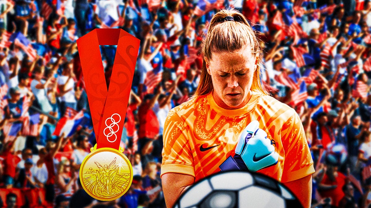 Alyssa Naeher of the USWNT next to a gold medal
