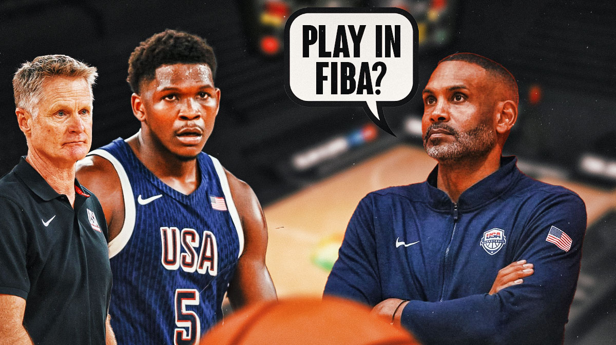 Team USA's Grant Hill saying "Play in FIBA" next to Anthony Edwards