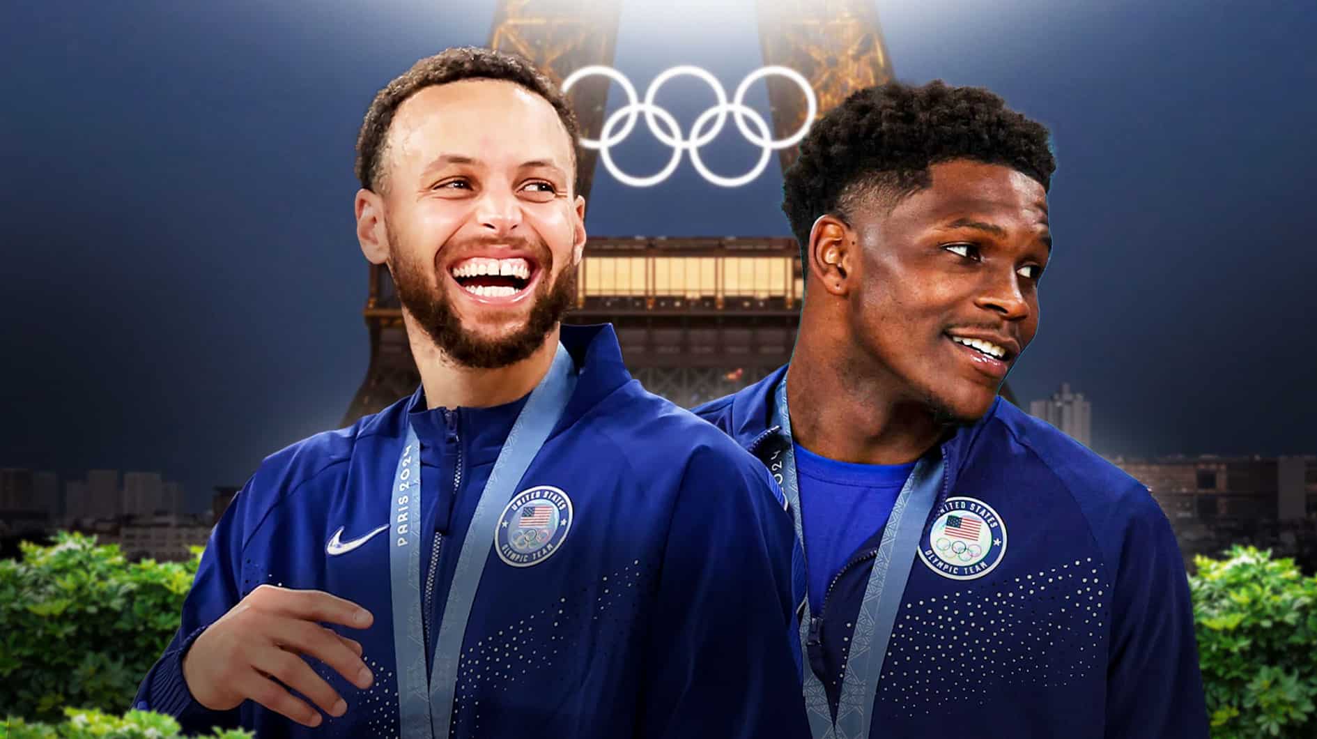 Steph Curry and Anthony Edwards in front of the Olympic Rings.