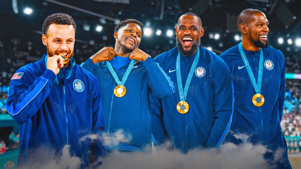 From left to right: Team USA's Stephen Curry, Anthony Edwards, LeBron James, and Kevin Durant wearing gold medals