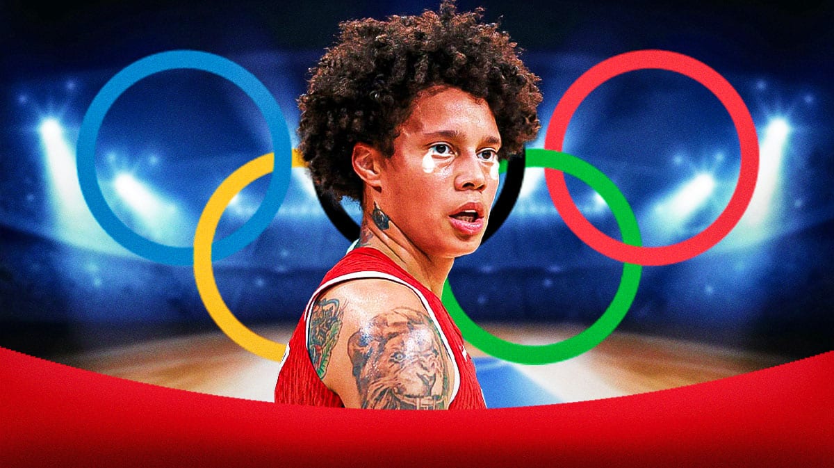 Team USA and WNBA player Brittney Griner in front of Olympics logo