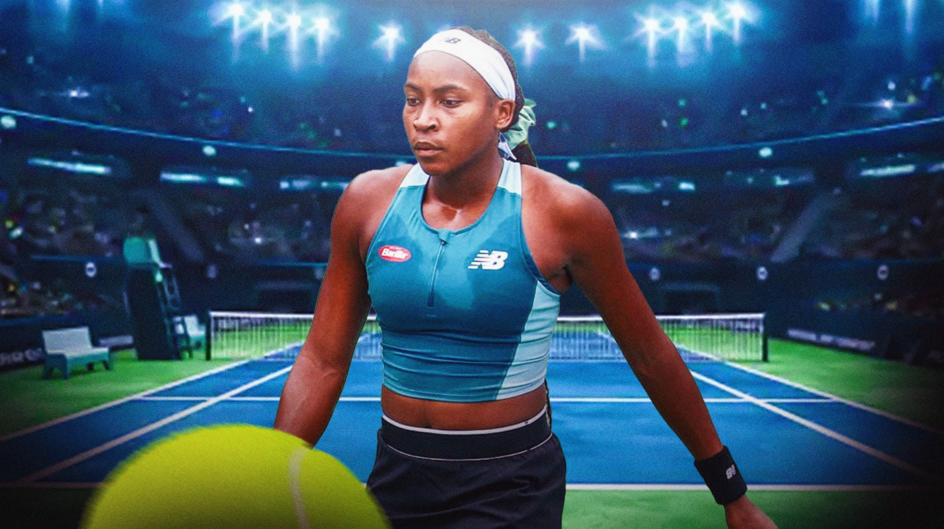 Women's tennis player Coco Gauff, on a tennis court