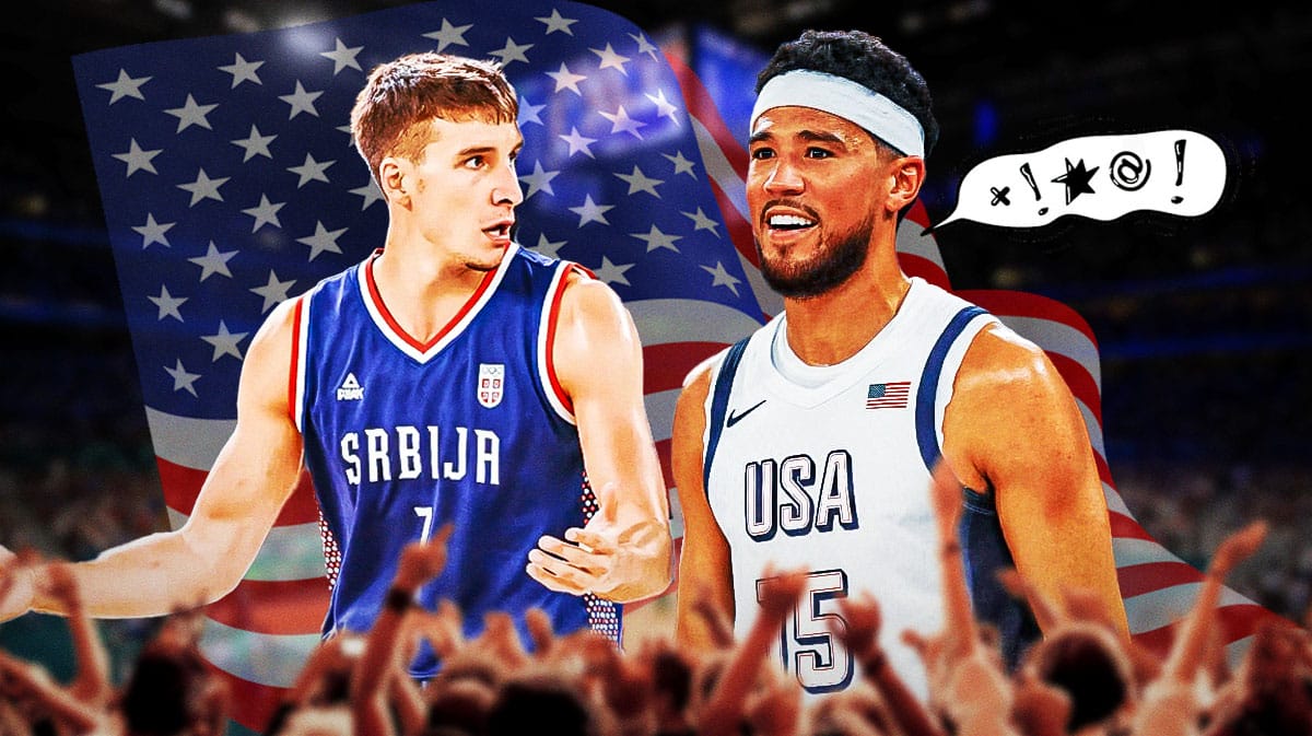 Devin Booker with a yelling speech bubble at Bogdan Bogdanovic with a Team USA-themed background.