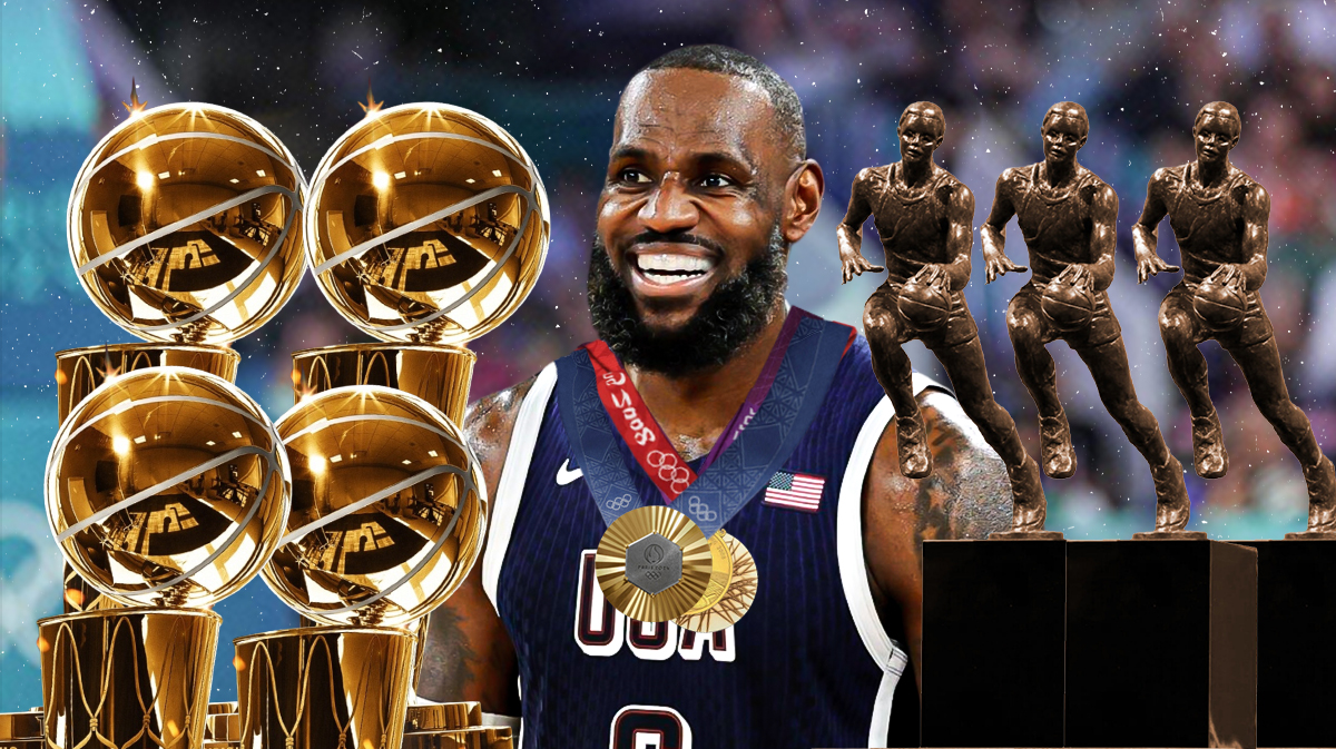 : Team USA's LeBron James smiling, with three Olympic gold medals, four NBA championships, and four NBA MVP awards (old version) beside him