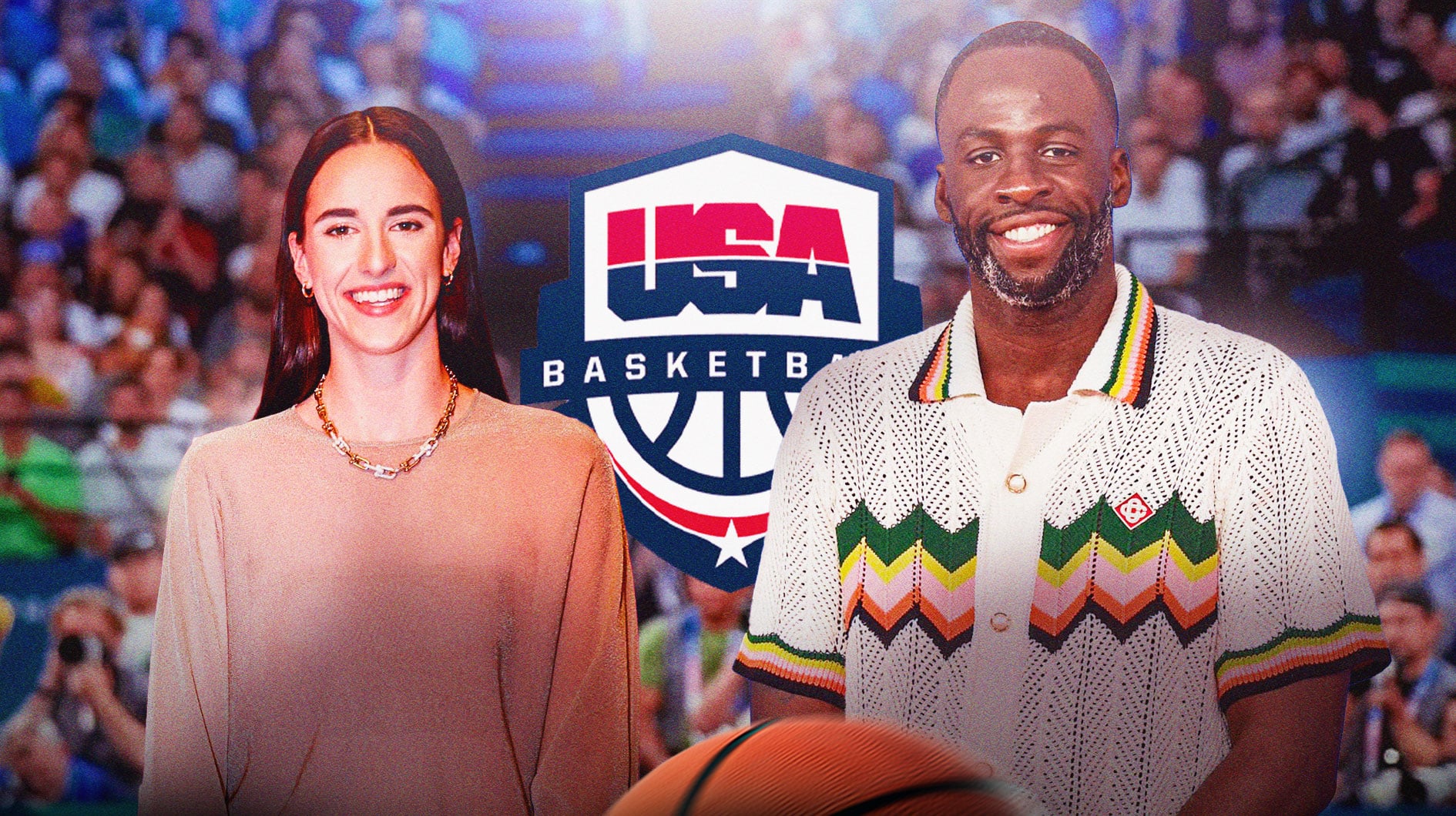 Caitlin Clark sitting in a crowded arena next to Draymond Green, both in street clothes with Team USA's Women's basketball team's logo in the background