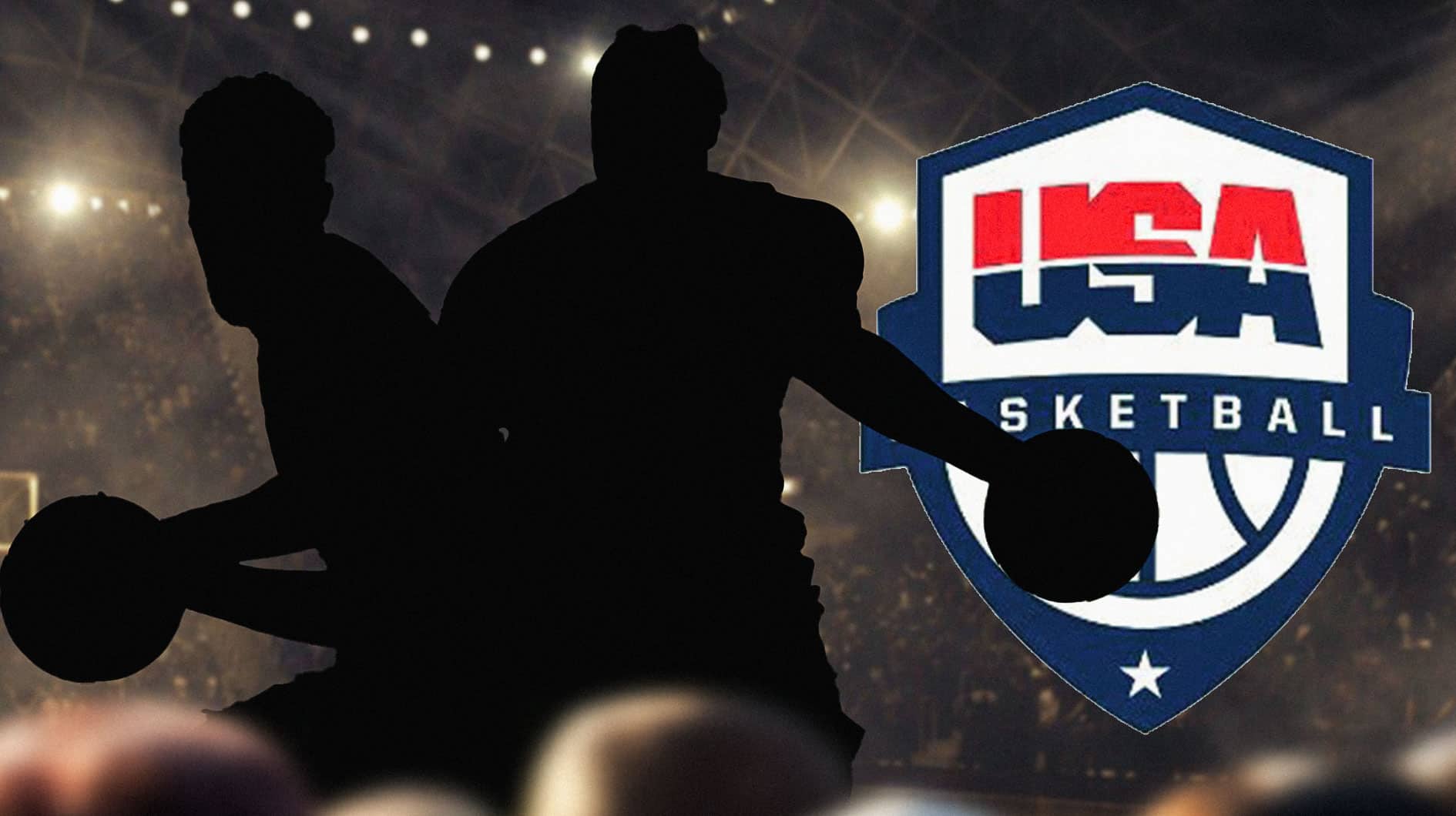 A silhouette of Devin Booker and Anthony Davis with Team USA logo in the background