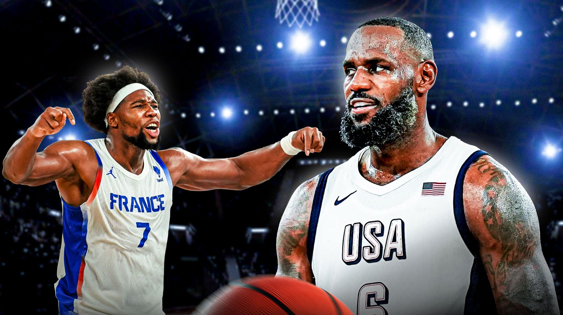 Team France's Guerschon Yabusele and Team USA's LeBron James.