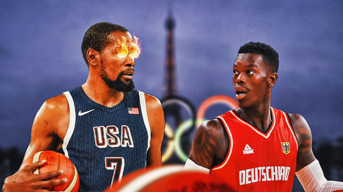 evin Durant with fire in his eyes looking at a nervous/scared Dennis Schroder with an Olympics-themed background.