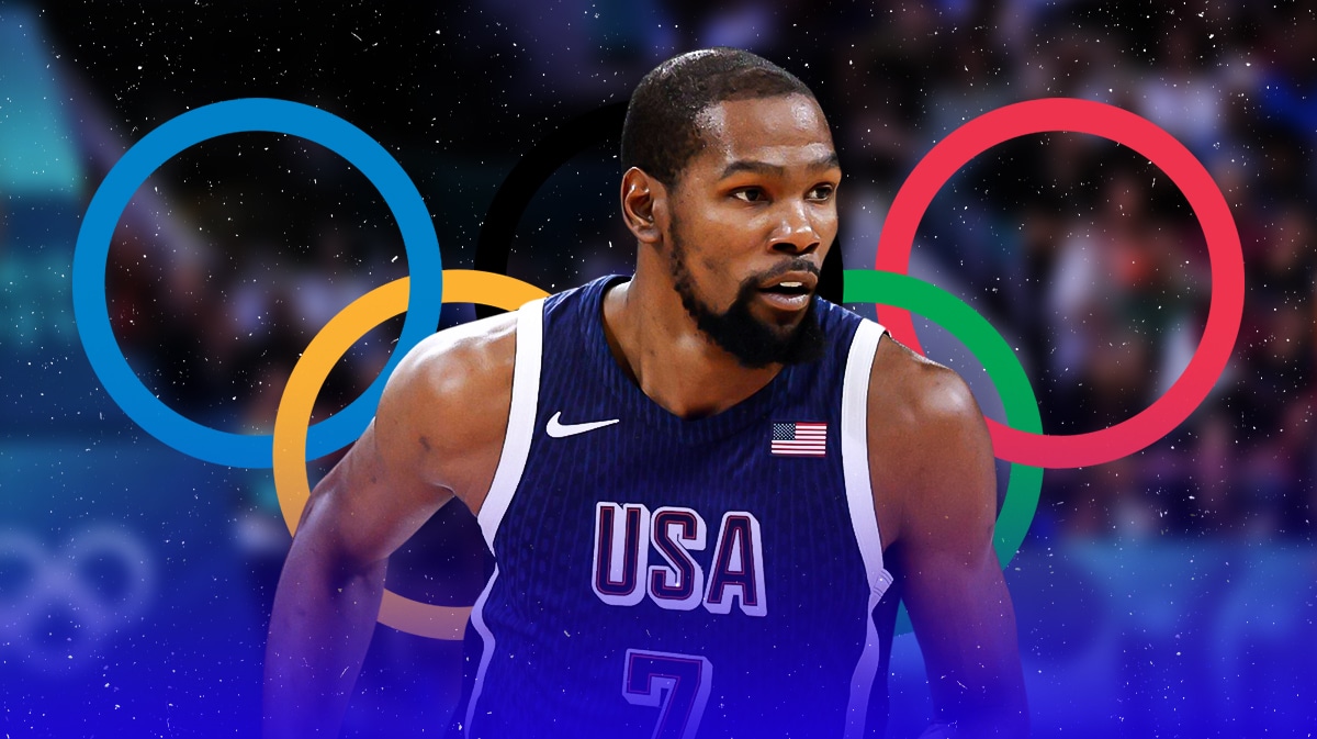 Kevin Durant in his Team USA basketball jersey with the Olympics logo in the background, Suns