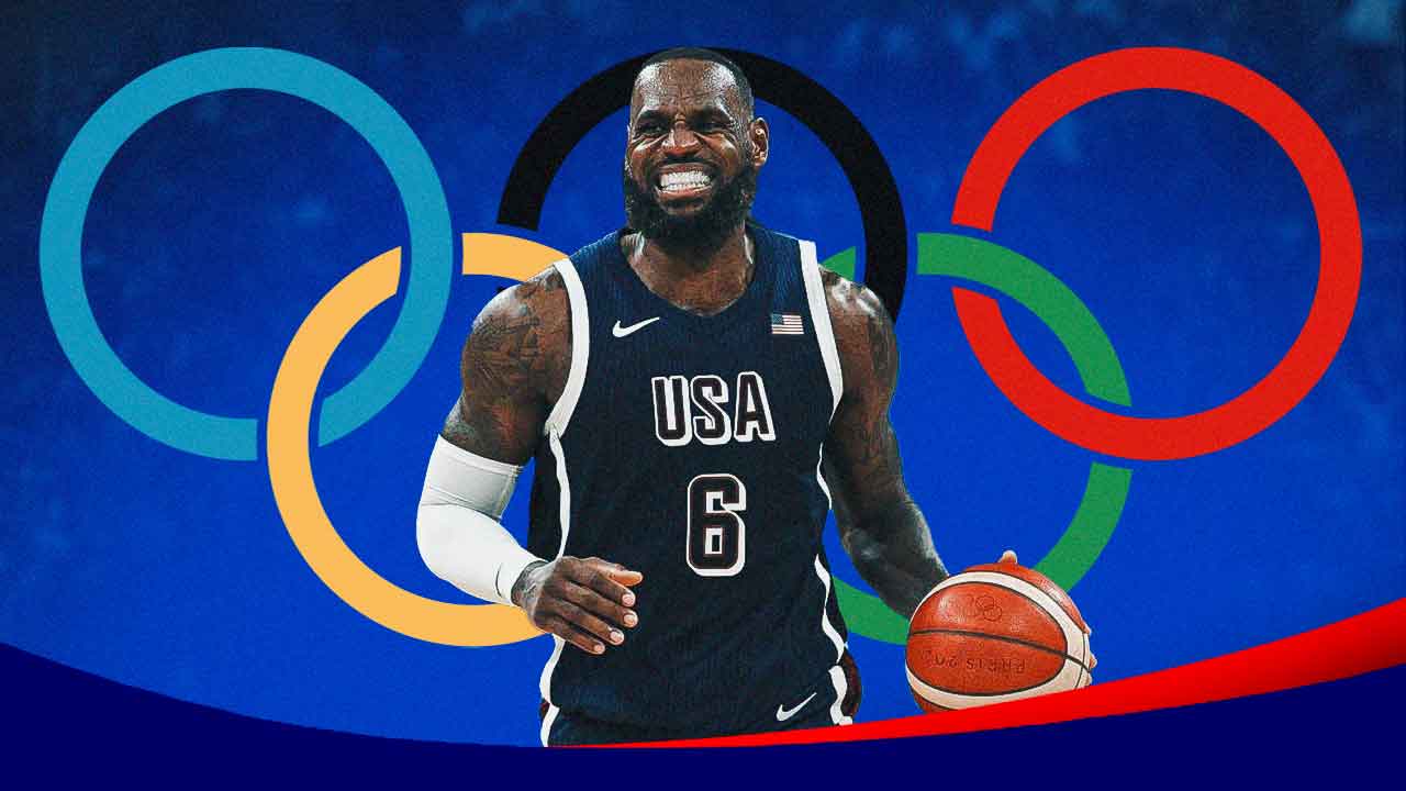 LeBron James in his Team USA basketball jersey with the Olympics logo in the background, Lakers