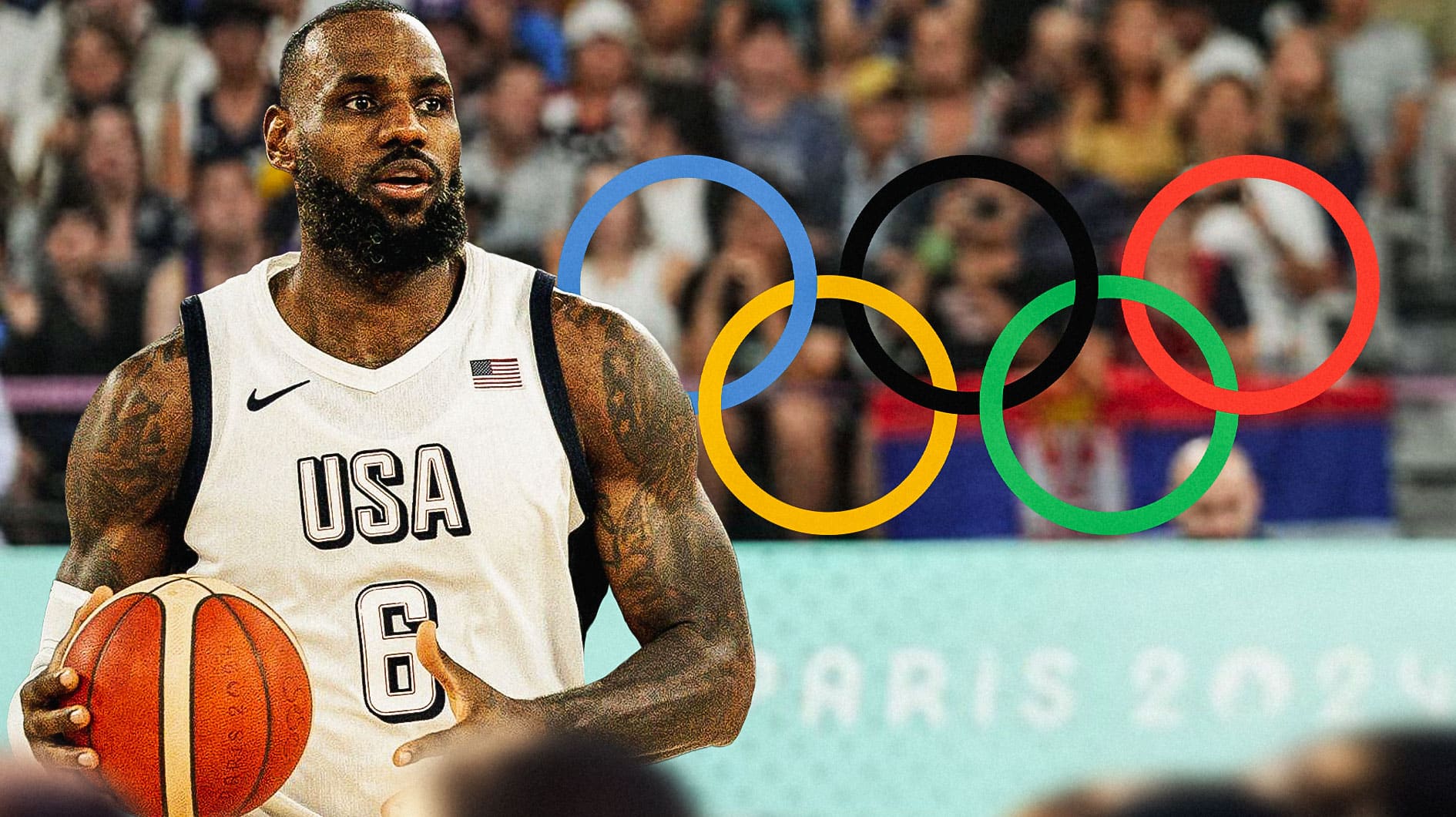 LeBron James in his Team USA basketball jersey with the Olympics logo in the background, Lakers