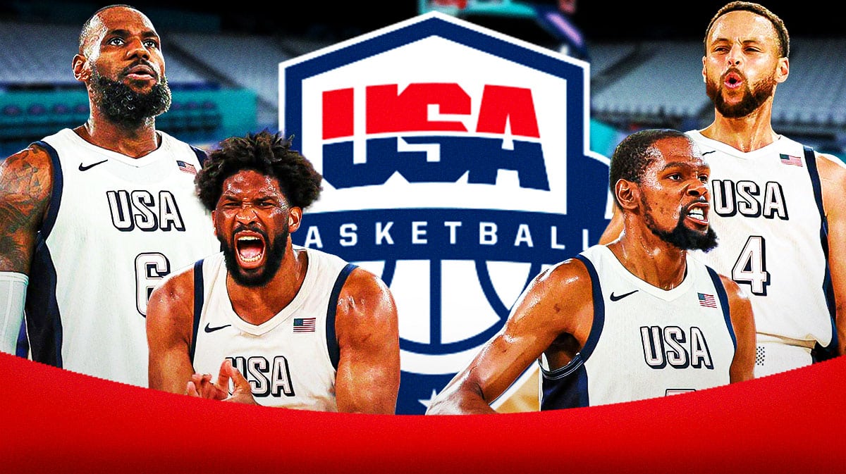 Team USA logo in center, Team USA forward LeBron James on top left side, Team USA guard Stephen Curry on top right side, Team USA center Joel Embiid on bottom left side, Team USA forward Kevin Durant on bottom right side, Accor Arena (home stadium of the gold medal basketball game in the 2024 Olympics) in the background