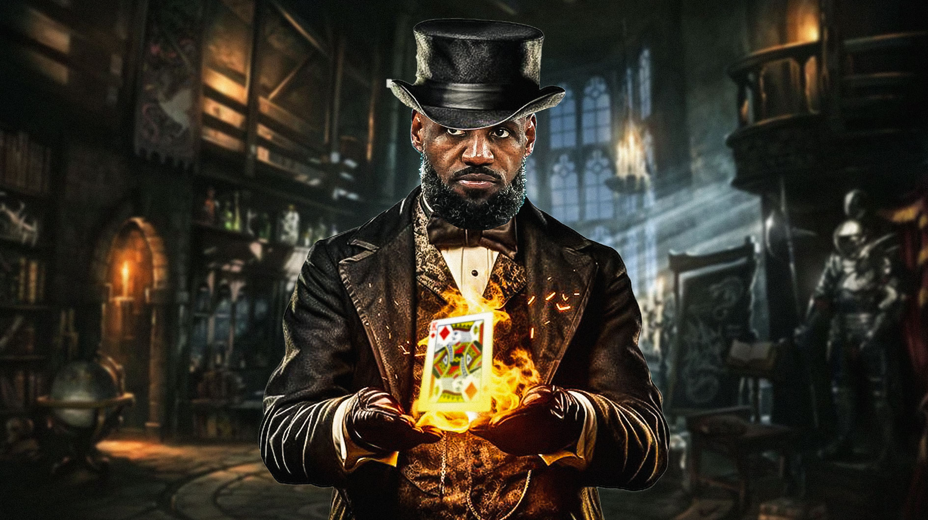 LeBron James in a magician's suit holding cards