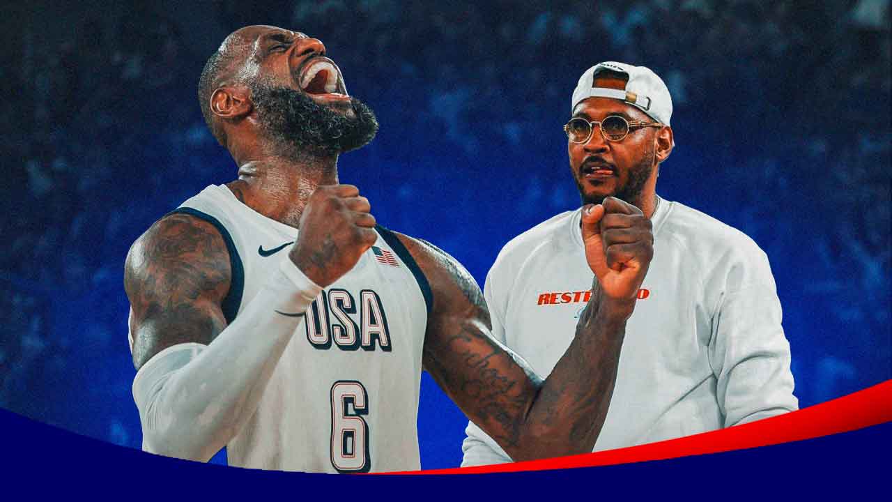 Hyped up LeBron James and Carmelo Anthony looking proud