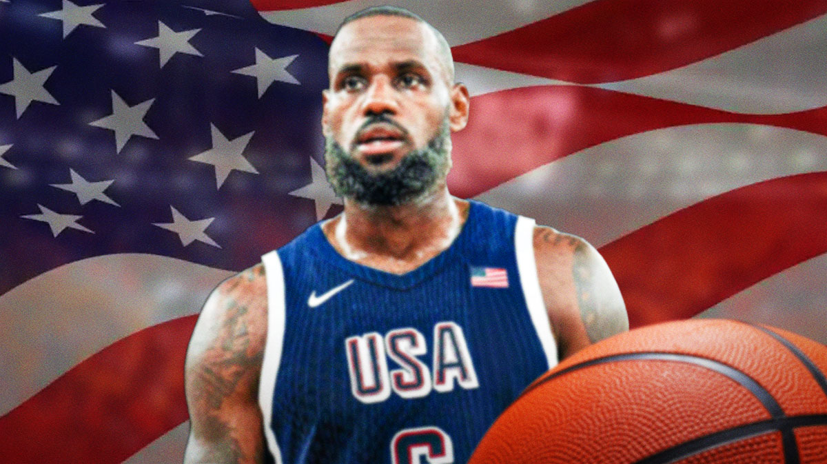 A blurry LeBron James with a Team USA/Olympics background.