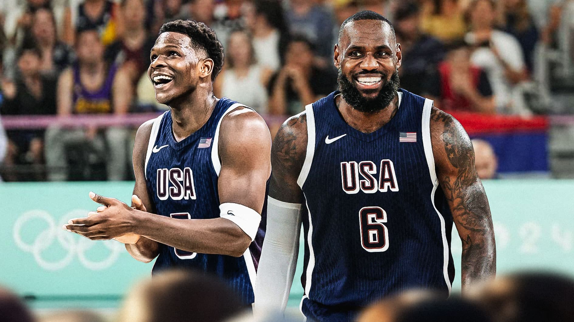 Lakers' LeBron James stands next to Timberwolves' Anthony Edwards during Team USA 2024 Olympics