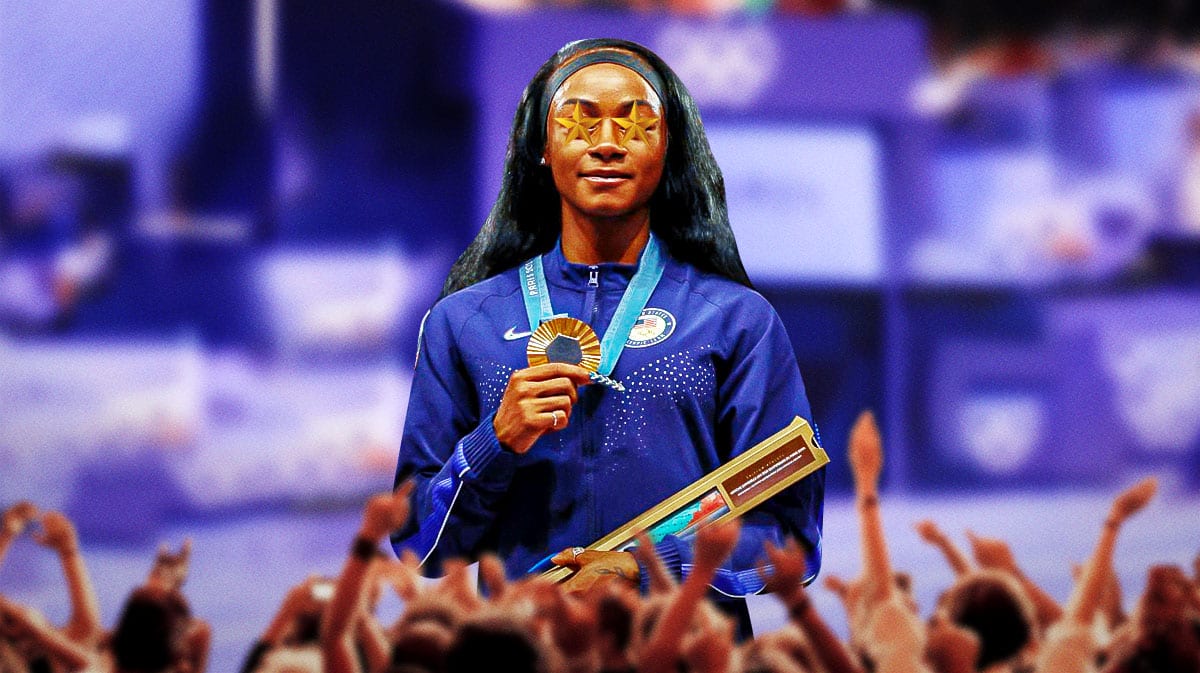 Team USA women's track and field runner Sha'Carri Richardson, with a happy expression while wearing a gold medal, and stars in her eyes