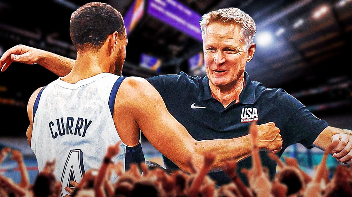 Team USA head coach Steve Kerr celebrating with his players, including Steph Curry, at the 2024 Summer Olympics