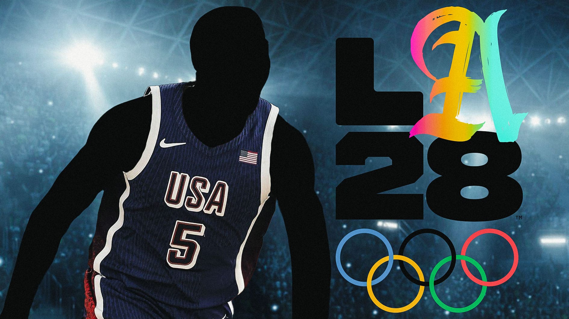 Silhouette of Paolo Banchero playing on the court wearing Team USA jersey and LA2028 on the background.