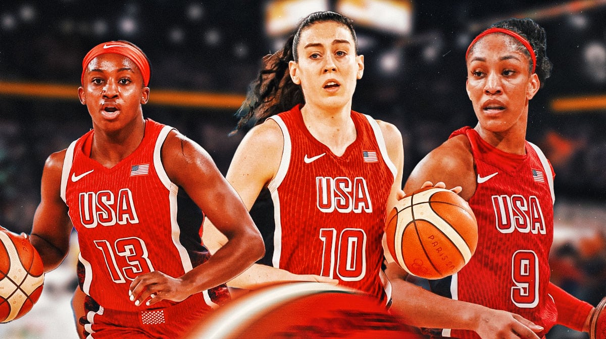 A'ja Wilson, Breanna Stewart and Jackie Young all in Team USA uniforms playing basketball.