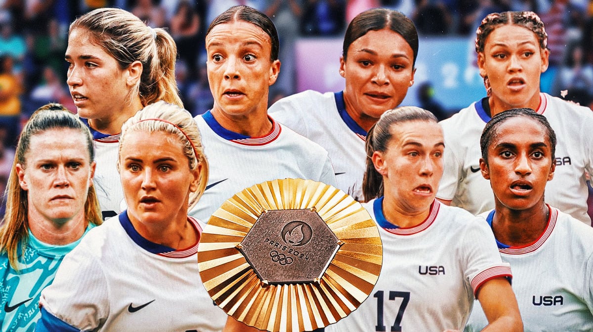 USWNT olympic team members Alyssa Naeher, Naomi Girma, Sam Coffey, Lindsey Horan, Korbin Albert, Trinity Rodman, Sophia Smith, and Mallory Swanson around a 2024 Olympic gold medal