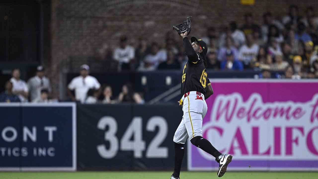 Aug 12, 2024; San Diego, California, USA; Pittsburgh Pirates shortstop Oneil Cruz (15) catches a fly ball during the fourth inning against the San Diego Padres at Petco Park.