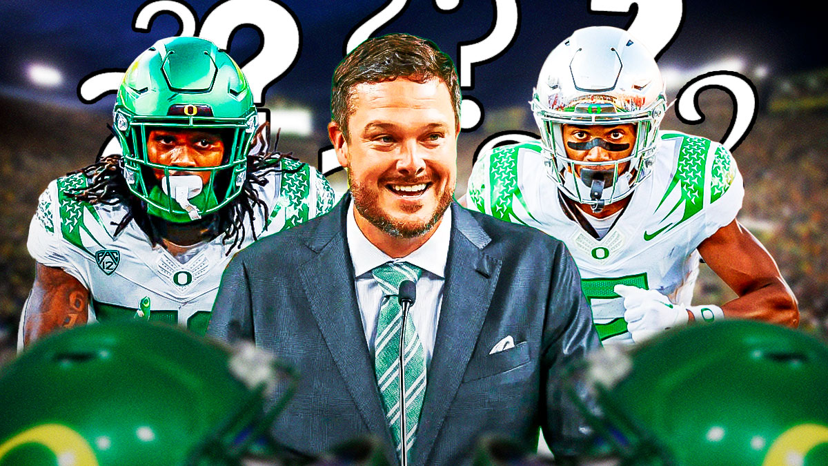 Oregon football coach Dan Lanning next to Jordan James and Gary Bryant Jr. with question marks all around James and Bryant Jr.