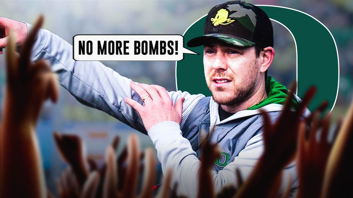 Ducks OC Will Stein with a speech bubble saying "No more bombs!" beside Oregon Football logo