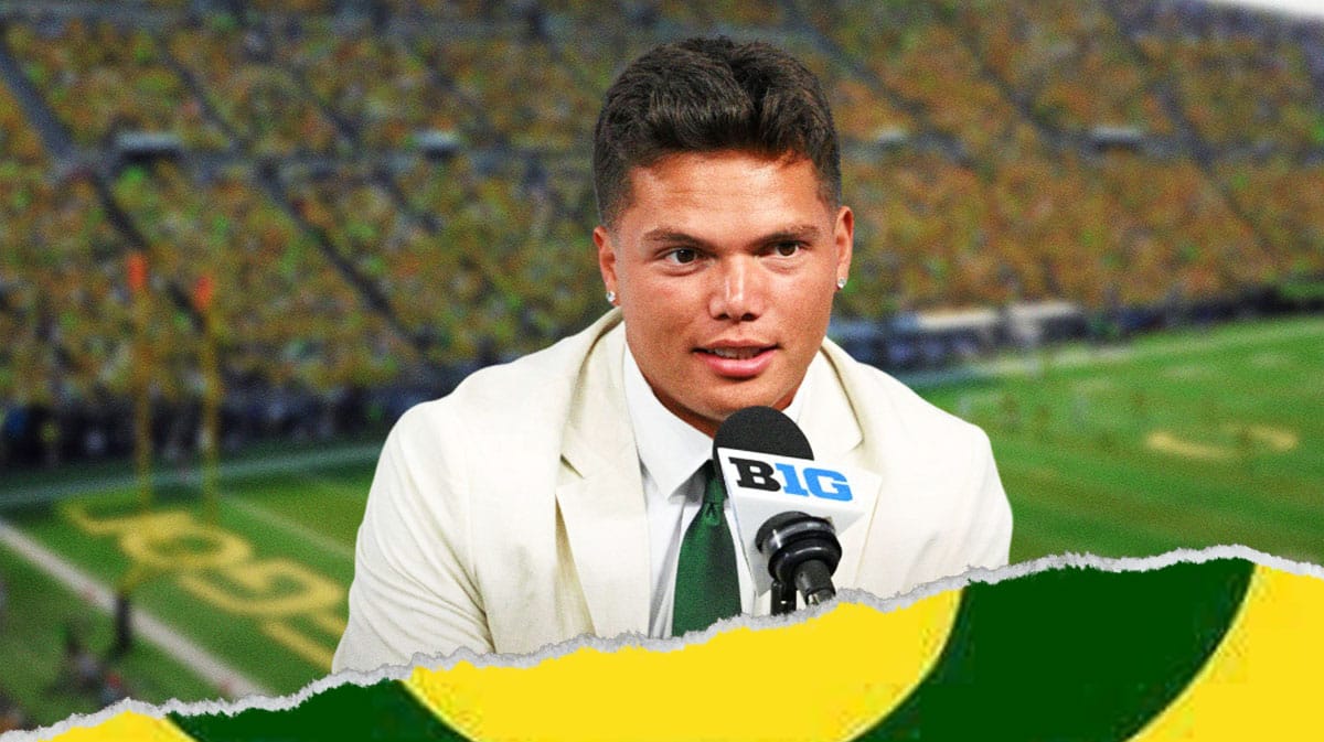 A silhouette of Dillon Gabriel with an Oregon football logo in front of him, a bunch of Oregon football fans in the background with the big eyes emoji around them