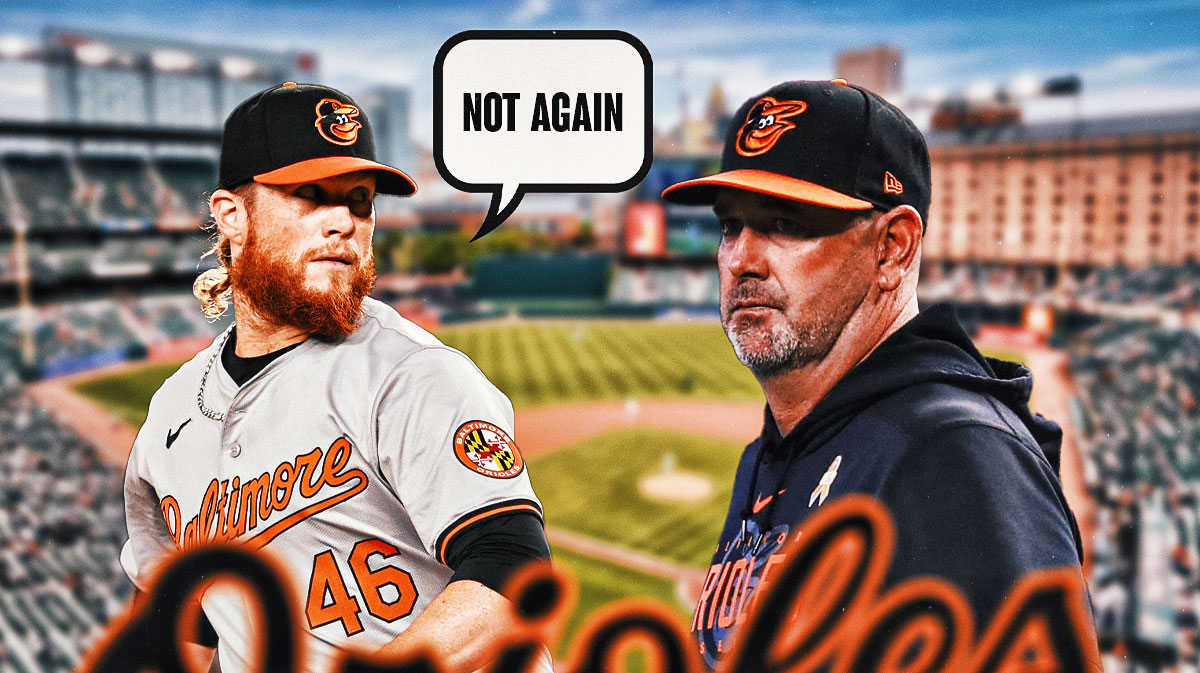 Orioles' Craig Kimbrel with speech bubble: "NOT AGAIN", with Brandon Hyde looking on