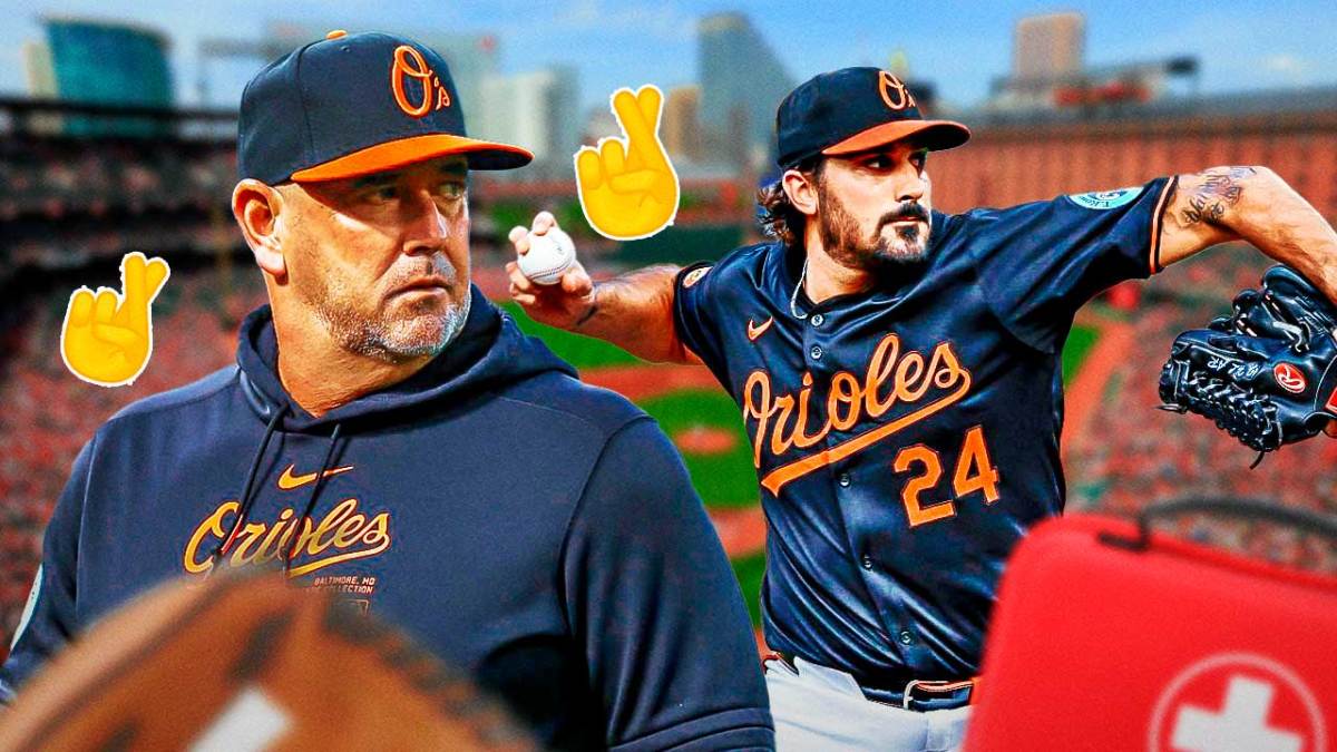 Orioles manager Brandon Hyde with a fingers crossed emoji looking at Zach Eflin in an Orioles jersey with a first aid kit in front of him.